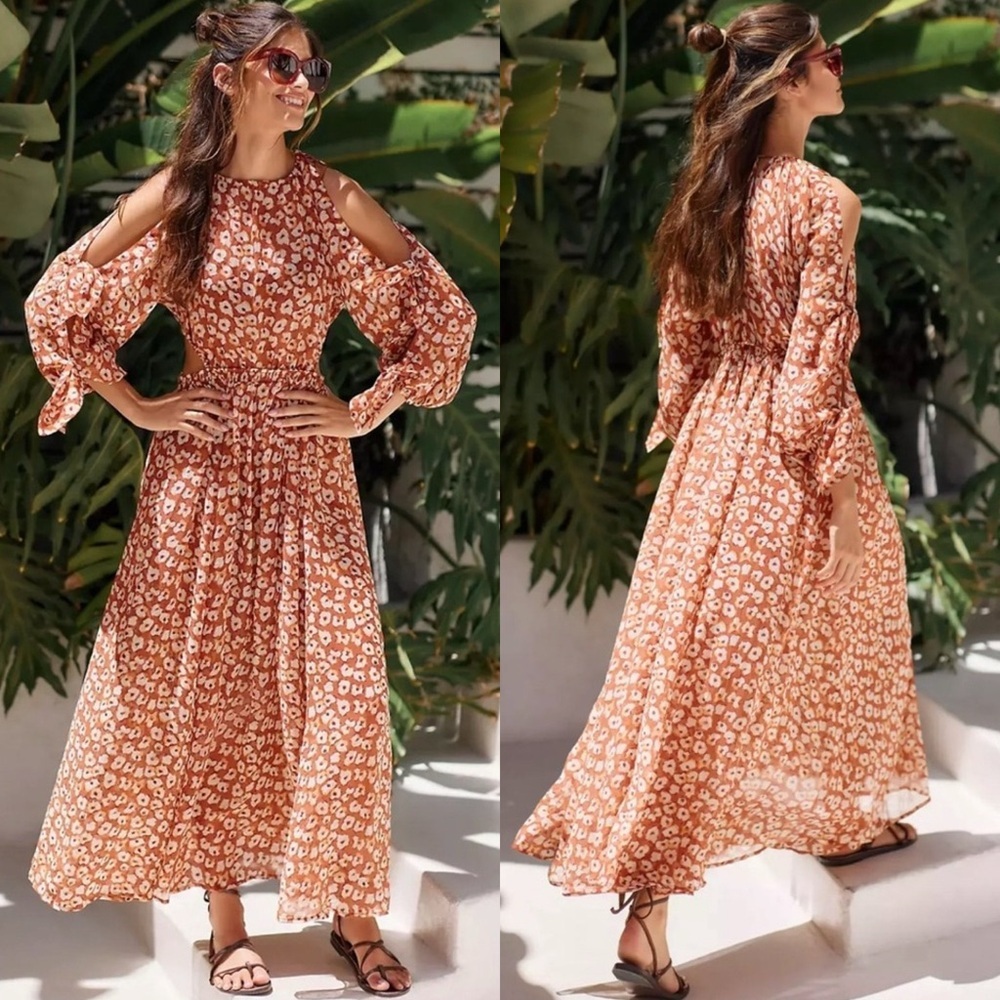 Anthropologie Sheer Rust Abstract Floral Print Coverup Maxi Dress
